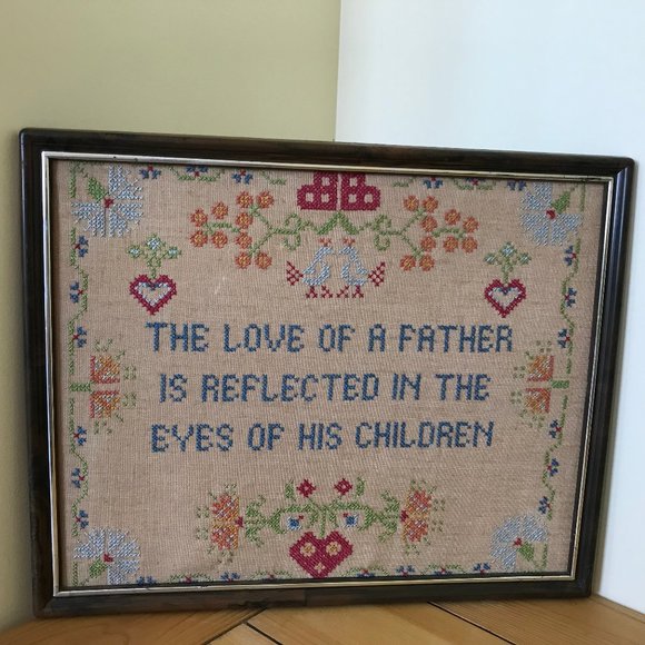 Love of a Father Completed Cross Stitch Vintage Framed Embroidery Picture 12x15" - Picture 1 of 5